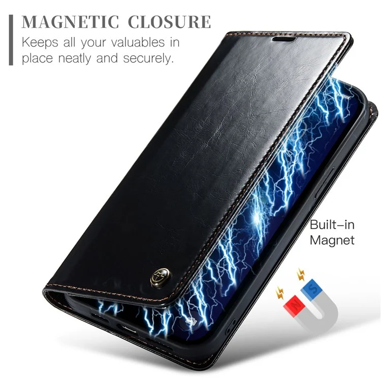 CASEME 003 Series PU Leder Handyhülle für iPhone 14 Pro Max, schockresistent, in Vintage-Optik mit Wachstextur, Magnetverschluss, Standfunktion und Portemonnaie - Schwarz