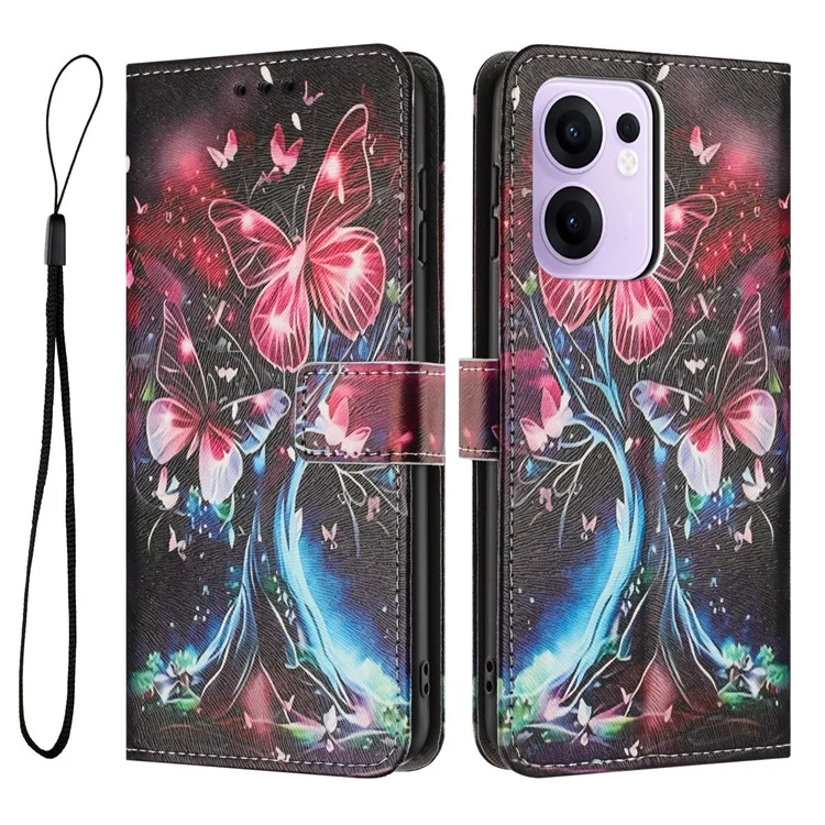 YX-2501 Per Oppo Reno13 F 5G / 4G Cover con Stampa a Motivi in Pelle PU Portafoglio con Cordino - Albero di Farfalle