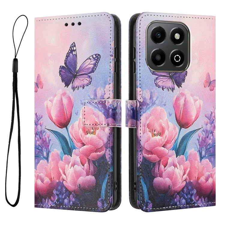YX-2501 Per Honor X6b 4G / X6a 4G Custodia Stampa Motivo Portafoglio in Pelle PU con Cordoncino - Fiore Rosa Farfalla