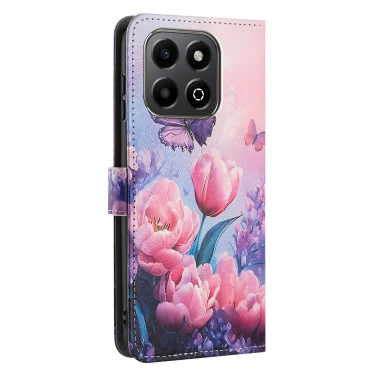 YX-2501 Per Honor X6b 4G / X6a 4G Custodia Stampa Motivo Portafoglio in Pelle PU con Cordoncino - Fiore Rosa Farfalla