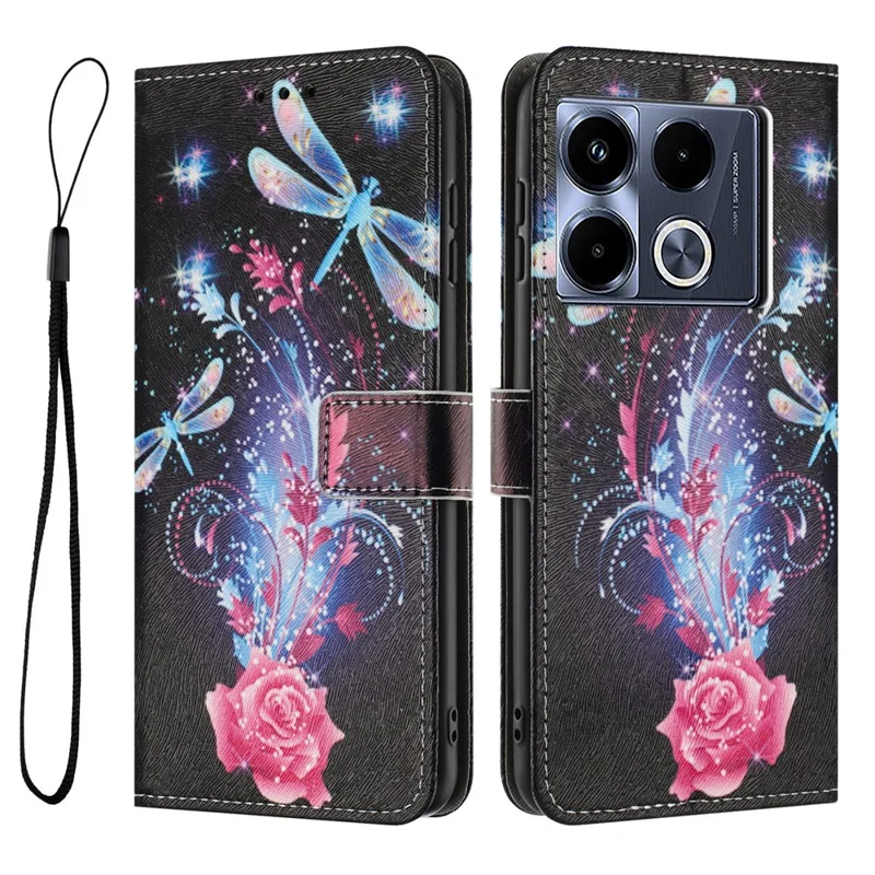 YX-2501 Leather Case For Infinix Note 40 Pro+  /  Note 40 Pro 5G  /  4G Pattern Printing Wallet Phone Cover with Lanyard - Dragonfly