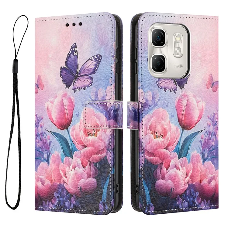 Étui en cuir YX-2501 pour Infinix Hot 50i 4G / Smart 9 HD 4G / Smart 9 4G - Motif Imprimé, Portefeuille avec Dragonne - Fleur Rose et Papillon