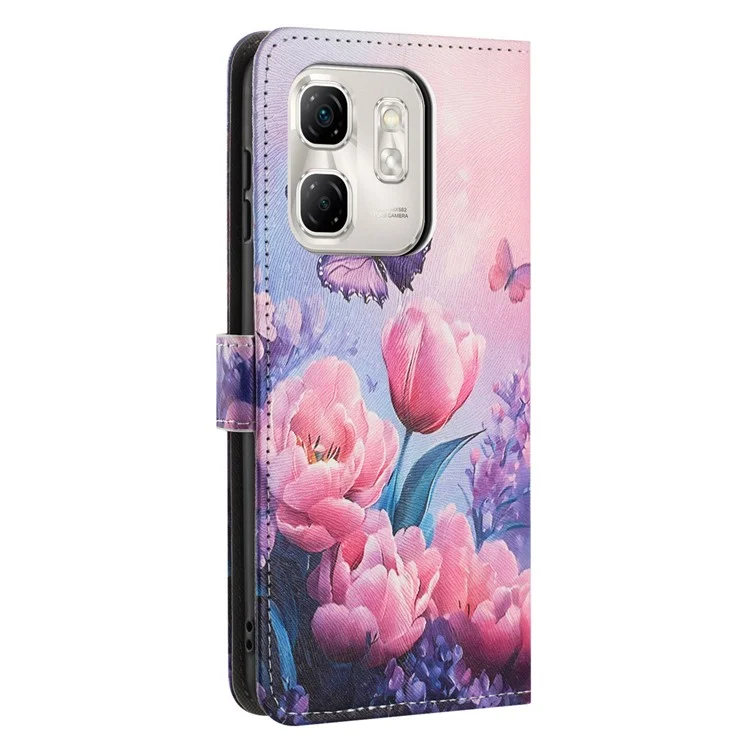 Étui en cuir YX-2501 pour Infinix Hot 50i 4G / Smart 9 HD 4G / Smart 9 4G - Motif Imprimé, Portefeuille avec Dragonne - Fleur Rose et Papillon