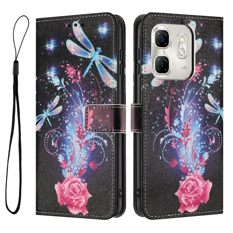 YX-2501 Leather Case For Infinix Hot 50i 4G  /  Smart 9 HD 4G  /  Smart 9 4G Pattern Printing Wallet Phone Cover with Lanyard - Dragonfly