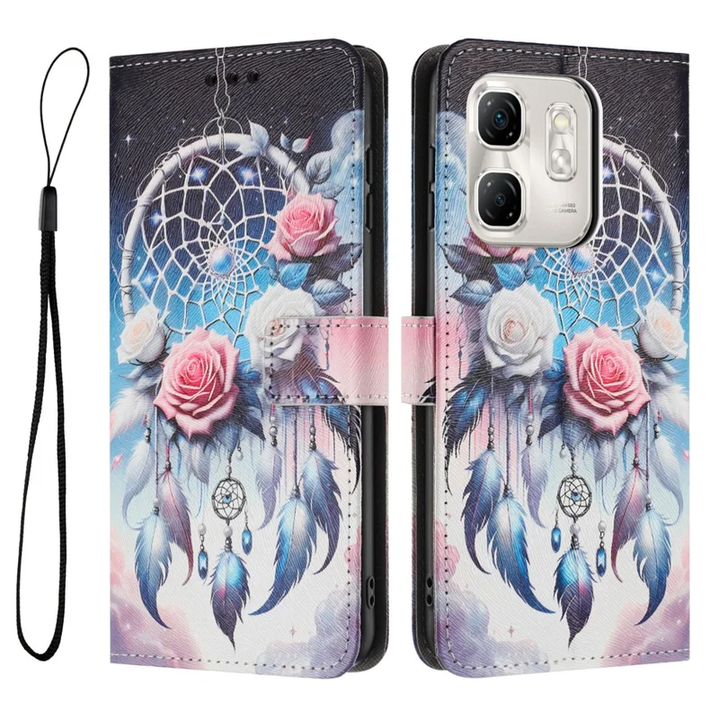 YX-2501 Leather Case For Infinix Hot 50i 4G  /  Smart 9 HD 4G  /  Smart 9 4G Pattern Printing Wallet Phone Cover with Lanyard - Flower Wind Chime