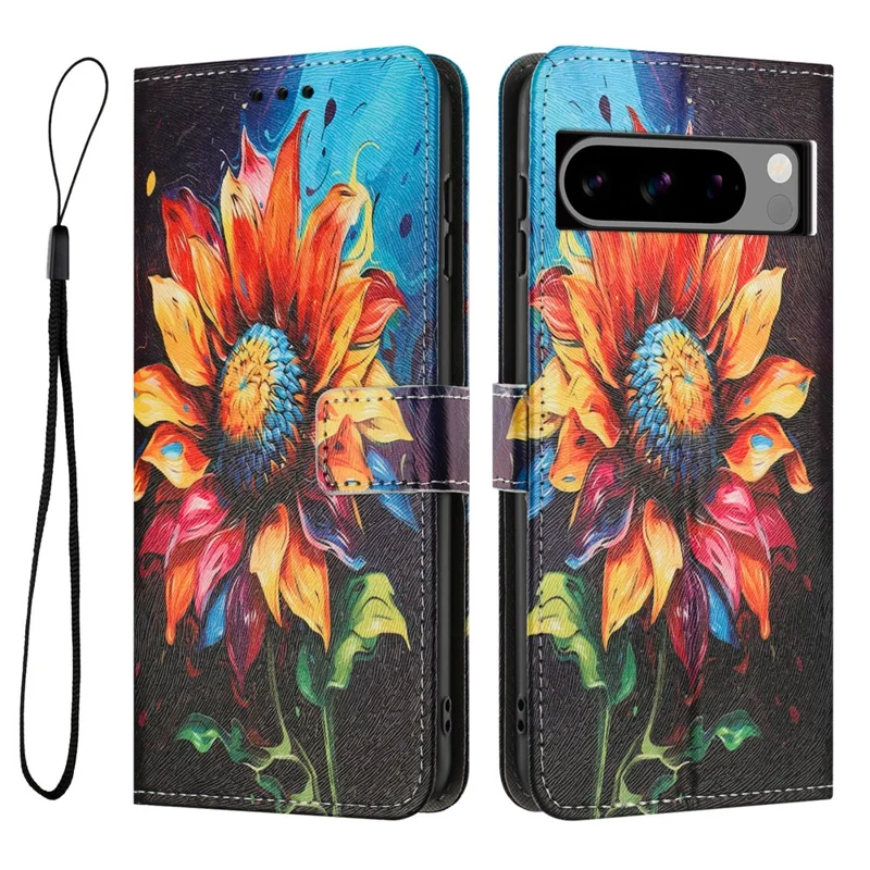 YX-2501 For Google Pixel 8 Pro Case Pattern Printing PU Leather Wallet Phone Cover with Lanyard - Sunflower