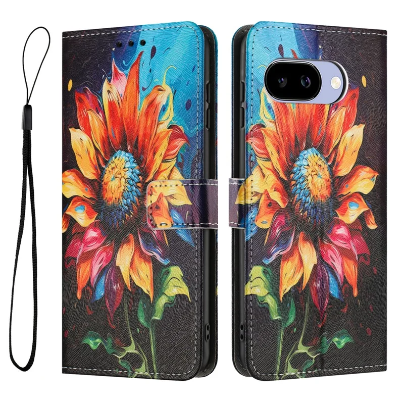 YX-2501 For Google Pixel 9a Case Pattern Printing PU Leather Wallet Phone Cover with Lanyard - Sunflower