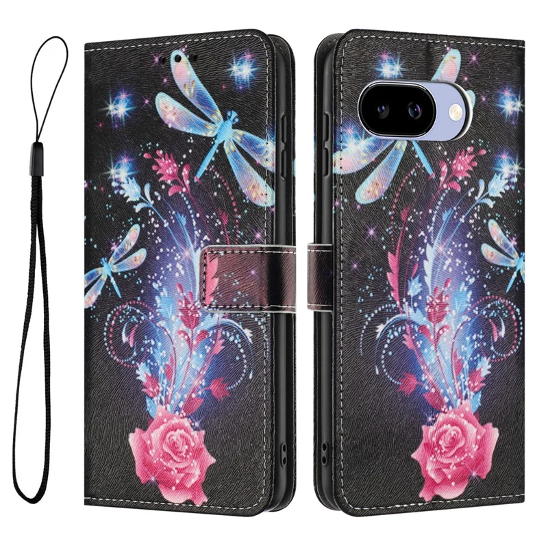YX-2501 For Google Pixel 9a Case Pattern Printing PU Leather Wallet Phone Cover with Lanyard - Dragonfly