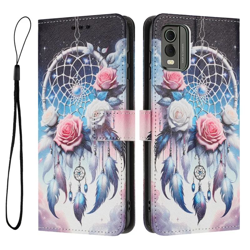 YX-2501 Pour Nokia C32 (TA-1534) Étui à Motif Imprimé en Cuir PU avec Portefeuille et Lanière - Carillon de Fleurs