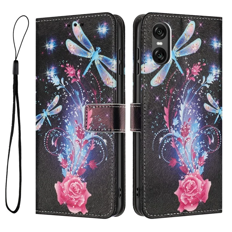 YX-2501 Für Sony Xperia 10 VI Hülle Muster Bedrucken Pu-Leder Brieftasche Handyhülle mit Schlüsselband - Libelle