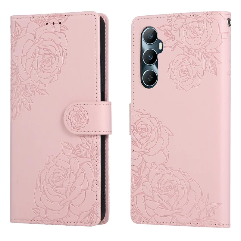 Capa para Realme C65 4G com Flor Rosa, Carteira de Couro Sintético com 3 Compartimentos para Cartão - Rosa Dourado
