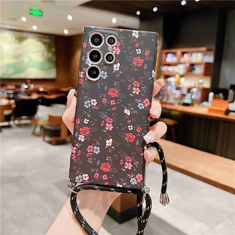Per Samsung Galaxy S22 Ultra 5G Flower Pattern TPU Telefono Stampato Back Case Anti-scratch Cover Con Cordino - B