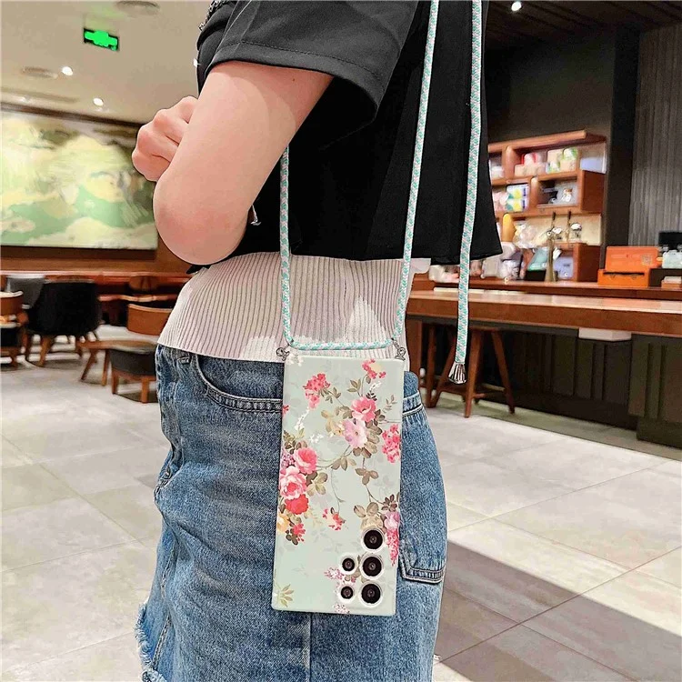 Per Samsung Galaxy S22 Ultra 5G Flower Pattern TPU Telefono Stampato Back Case Anti-scratch Cover Con Cordino - B