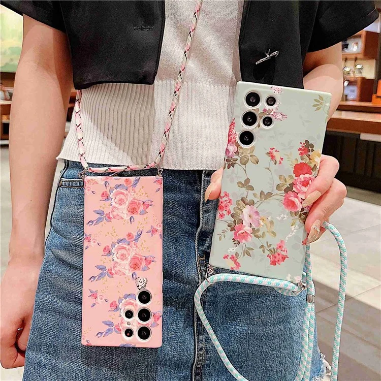 Per Samsung Galaxy S22 Ultra 5G Flower Pattern TPU Telefono Stampato Back Case Anti-scratch Cover Con Cordino - B