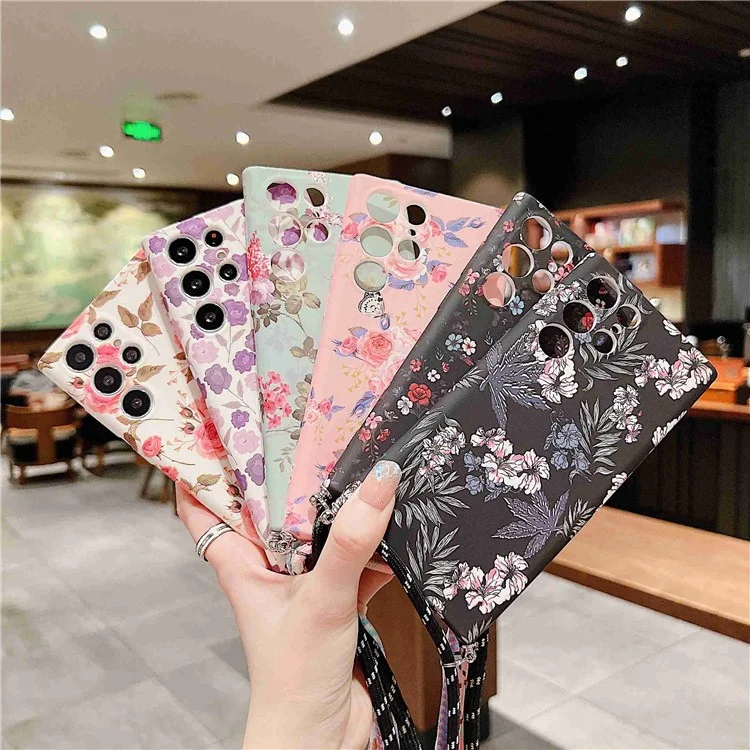 Per Samsung Galaxy S22 Ultra 5G Flower Pattern TPU Telefono Stampato Back Case Anti-scratch Cover Con Cordino - B