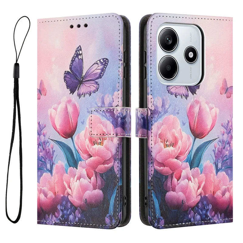 YX-2501 Funda de Cuero con Cartera para Xiaomi Redmi Note 14 5G con Estampado de Patrón y Cordón - Flor Rosa con Mariposa