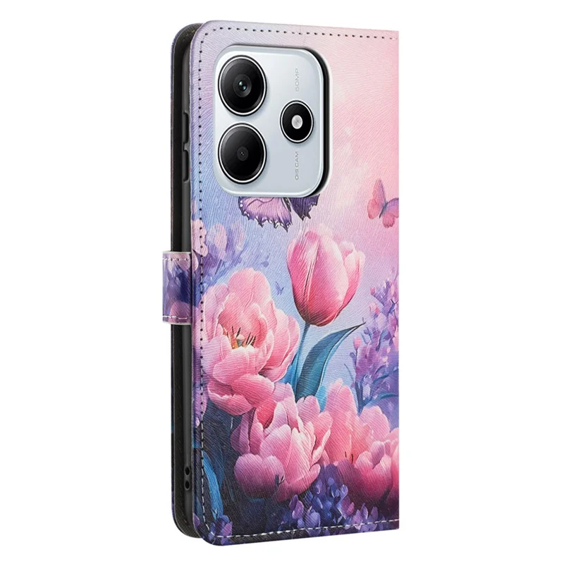 YX-2501 Funda de Cuero con Cartera para Xiaomi Redmi Note 14 5G con Estampado de Patrón y Cordón - Flor Rosa con Mariposa