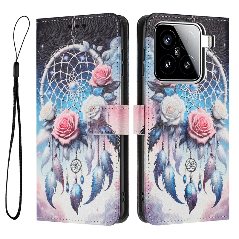 YX-2501 For Xiaomi 15 Case Pattern Printing PU Leather Wallet Phone Cover with Lanyard - Flower Wind Chime