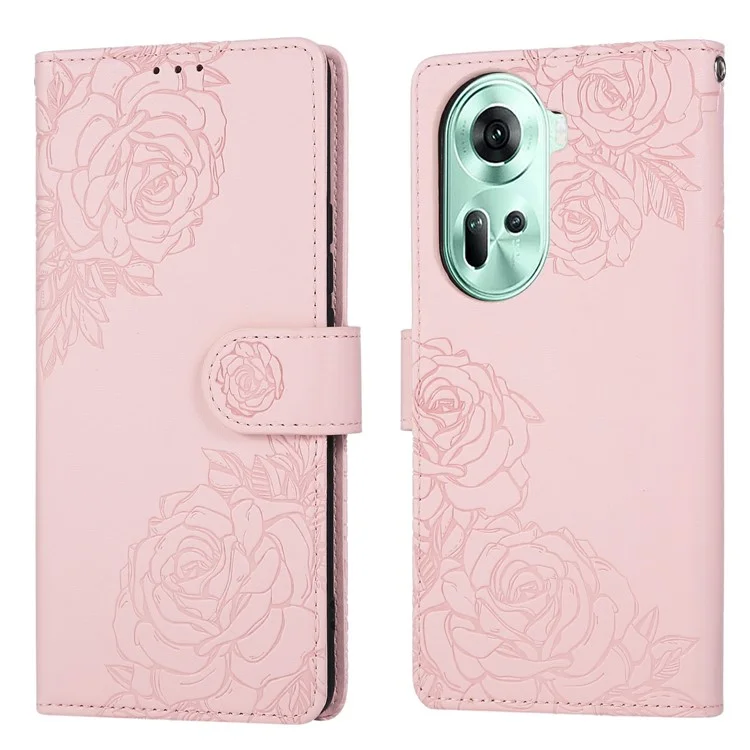 Capa para Oppo Reno11 5G (Global) com Flor de Rosa em Couro PU, Carteira para Telefone com 3 Compartimentos para Cartões - Ouro Rosa