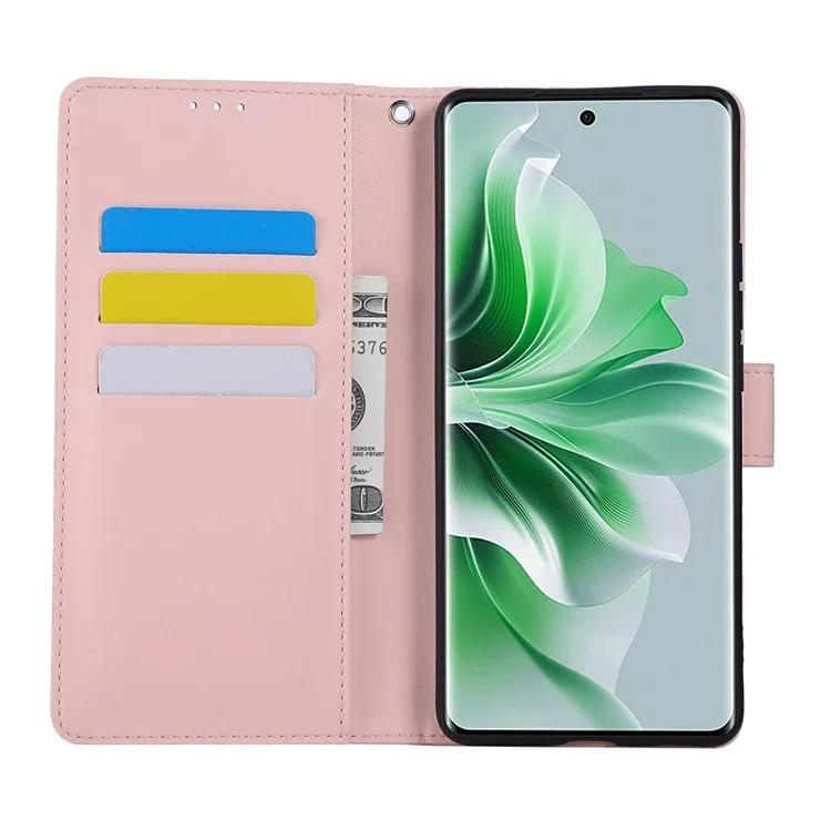 Capa para Oppo Reno11 5G (Global) com Flor de Rosa em Couro PU, Carteira para Telefone com 3 Compartimentos para Cartões - Ouro Rosa
