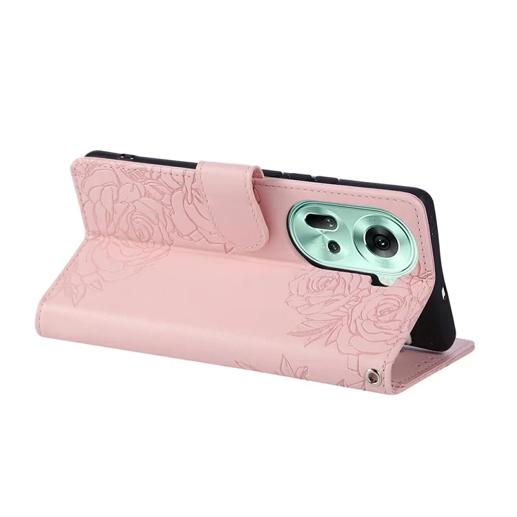 Capa para Oppo Reno11 5G (Global) com Flor de Rosa em Couro PU, Carteira para Telefone com 3 Compartimentos para Cartões - Ouro Rosa
