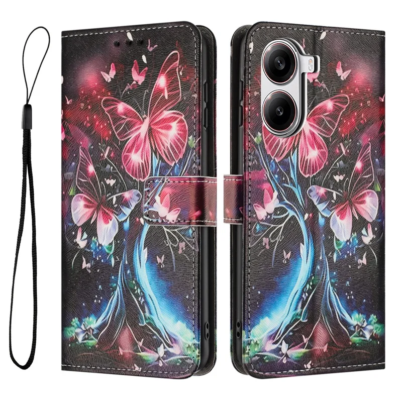 YX-2501 Para Xiaomi Poco X7 Pro 5G / Redmi Turbo 4 5G Capa com Estampa de Árvore de Borboleta em Couro PU com Alça - Árvore de Borboletas