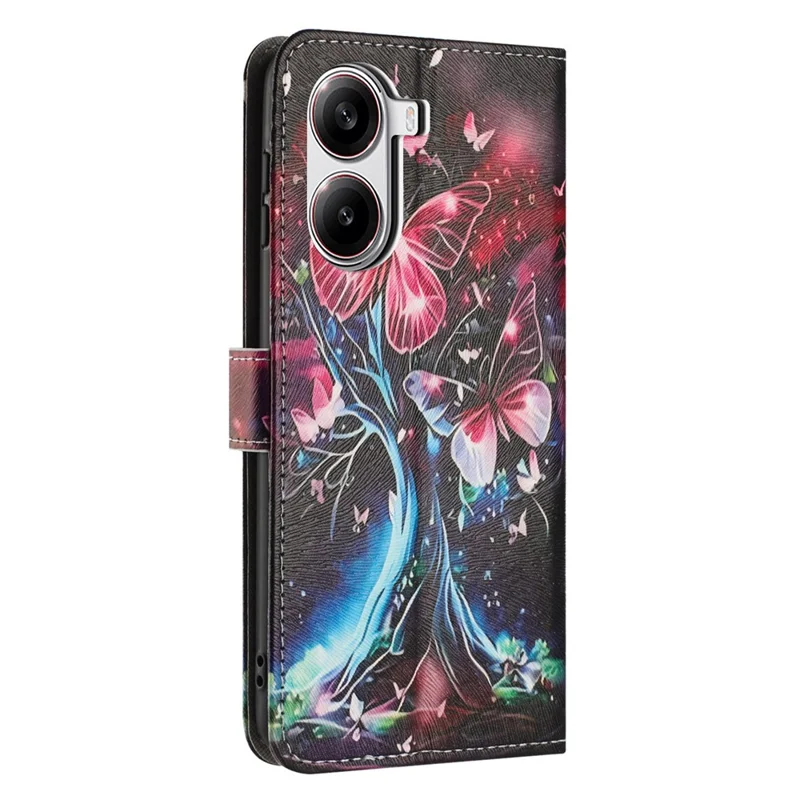 YX-2501 Para Xiaomi Poco X7 Pro 5G / Redmi Turbo 4 5G Capa com Estampa de Árvore de Borboleta em Couro PU com Alça - Árvore de Borboletas