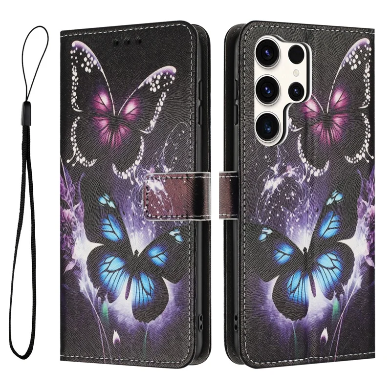 YX-2501 Étui en cuir PU avec motif pour Samsung Galaxy S24 Ultra, pochette pour téléphone avec dragonne - Deux papillons