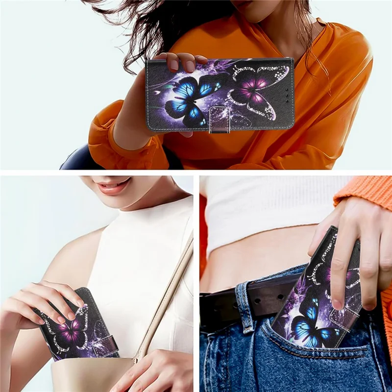 YX-2501 Étui en cuir PU avec motif pour Samsung Galaxy S24 Ultra, pochette pour téléphone avec dragonne - Deux papillons