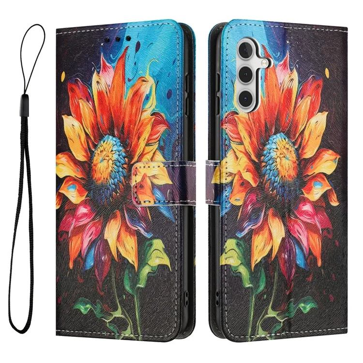 YX-2501 Étui en cuir pour Samsung Galaxy A26 5G / A16 5G / 4G avec motif imprimé, étui portefeuille pour téléphone avec lanière - Tournesol