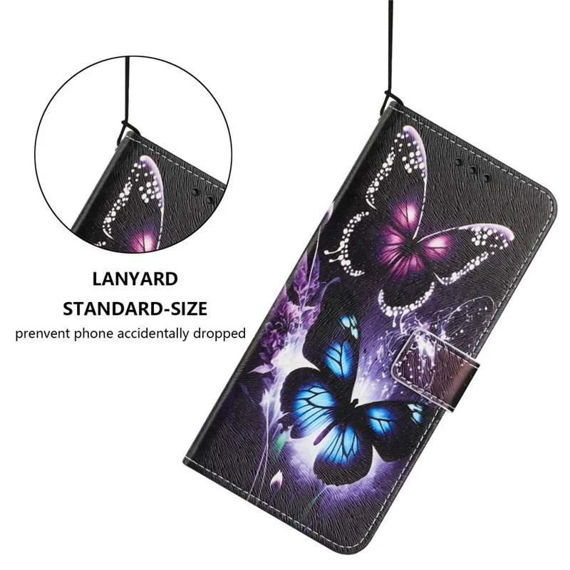 YX-2501 Leather Case For Samsung Galaxy A18 5G / A18 4G / A17 5G / A17 4G / A26 5G / A16 5G / A16 4G Pattern Printing Wallet Phone Cover with Lanyard - Two Butterflies