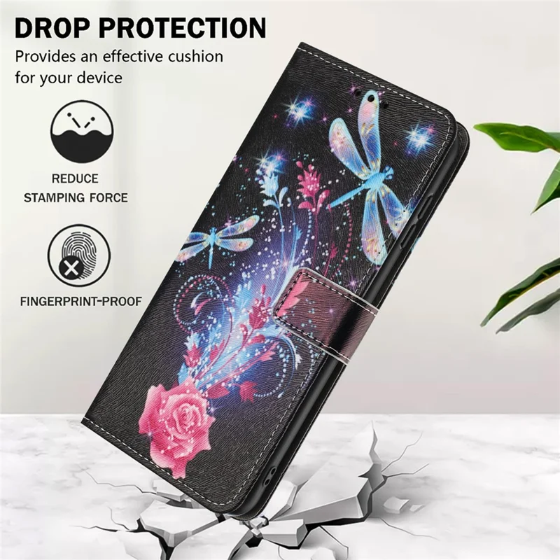 YX-2501 For Samsung Galaxy A35 5G Case Pattern Printing PU Leather Wallet Phone Cover with Lanyard - Dragonfly
