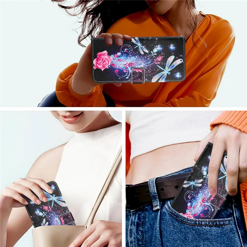 YX-2501 For Samsung Galaxy A35 5G Case Pattern Printing PU Leather Wallet Phone Cover with Lanyard - Dragonfly