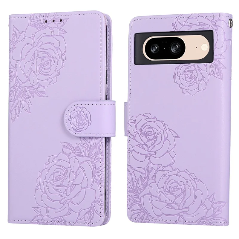 For Google Pixel 8 Case Rose Flower PU Leather Wallet Phone Cover with 3 Card Slots - Light Purple