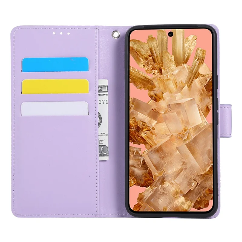 For Google Pixel 8 Case Rose Flower PU Leather Wallet Phone Cover with 3 Card Slots - Light Purple