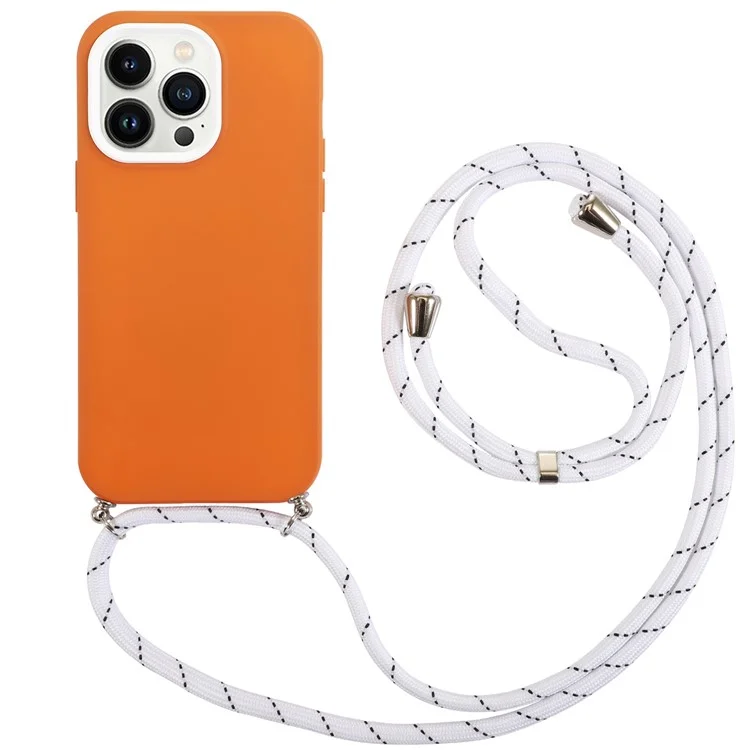 Для Iphone 14 Pro 3-в-1 Рамка PC Crame + Lens Cring + TPU Back Case Mobile Phonle Anti-drop Защитный Крышка с Длинным Lanyard - Апельсин