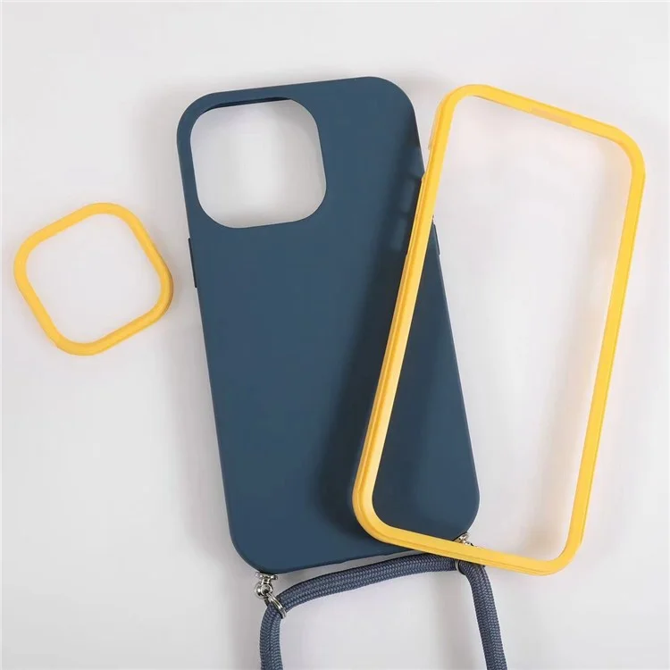 Для Iphone 14 Pro 3-в-1 Рамка PC Crame + Lens Cring + TPU Back Case Mobile Phonle Anti-drop Защитный Крышка с Длинным Lanyard - Апельсин