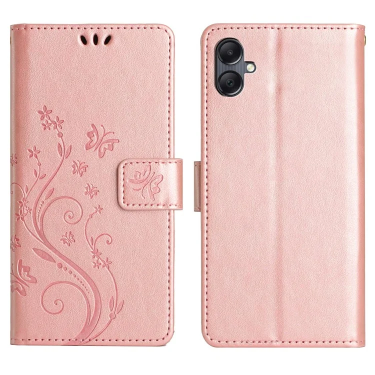 For Samsung Galaxy A25e Leather Wallet Case Butterfly Flower Imprinted Phone Cover with Strap - Rose Gold