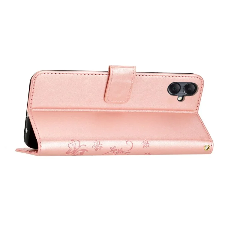 For Samsung Galaxy A25e Leather Wallet Case Butterfly Flower Imprinted Phone Cover with Strap - Rose Gold