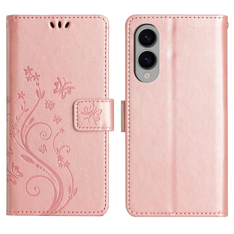 For Samsung Galaxy S25 Edge Leather Wallet Case Butterfly Flower Imprinted Phone Cover with Strap - Rose Gold