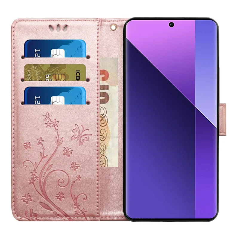 For Samsung Galaxy S25 Edge Leather Wallet Case Butterfly Flower Imprinted Phone Cover with Strap - Rose Gold