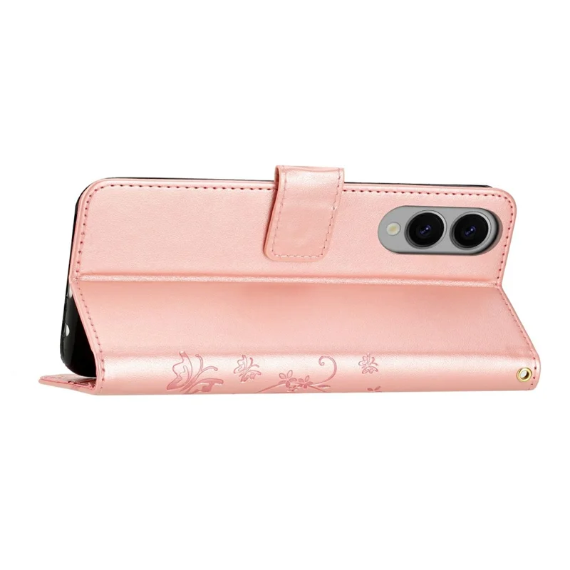 For Samsung Galaxy S25 Edge Leather Wallet Case Butterfly Flower Imprinted Phone Cover with Strap - Rose Gold