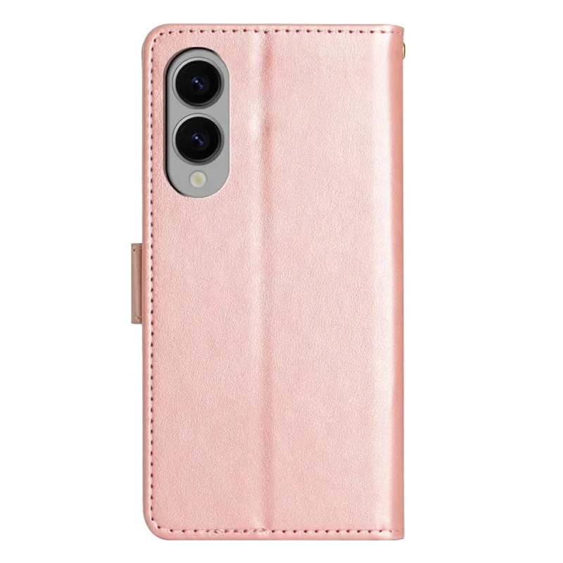 For Samsung Galaxy S25 Edge Leather Wallet Case Butterfly Flower Imprinted Phone Cover with Strap - Rose Gold