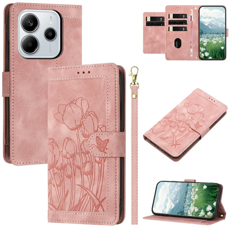 For Xiaomi Redmi Note 14 4G (164.84mm) Case Tulip Leather Phone Cover with 5 Card Slots Wallet - Pink