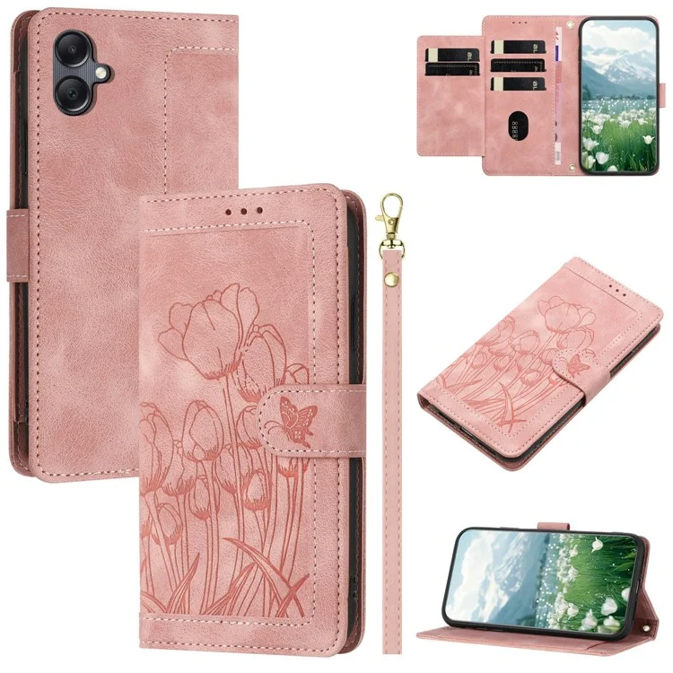 For Samsung Galaxy A25e Case Tulip Leather Phone Cover with 5 Card Slots Wallet - Pink