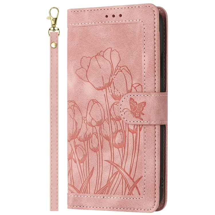 For Samsung Galaxy A25e Case Tulip Leather Phone Cover with 5 Card Slots Wallet - Pink