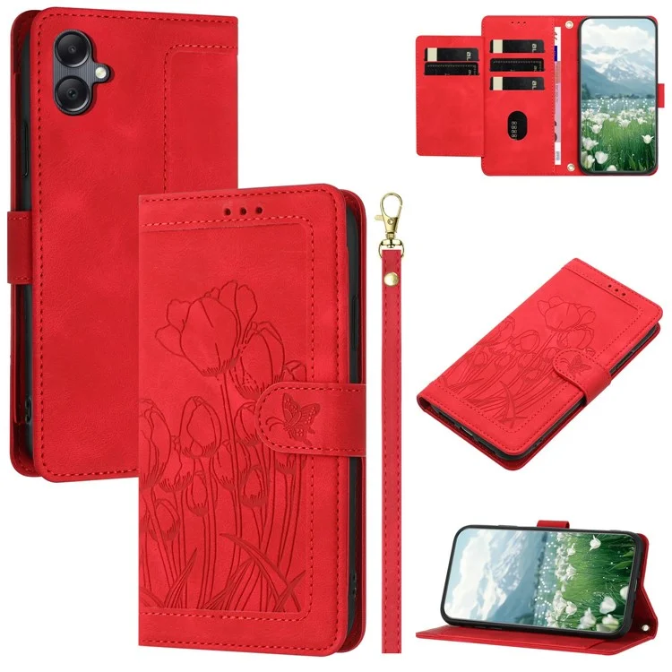 For Samsung Galaxy A25e Case Tulip Leather Phone Cover with 5 Card Slots Wallet - Red