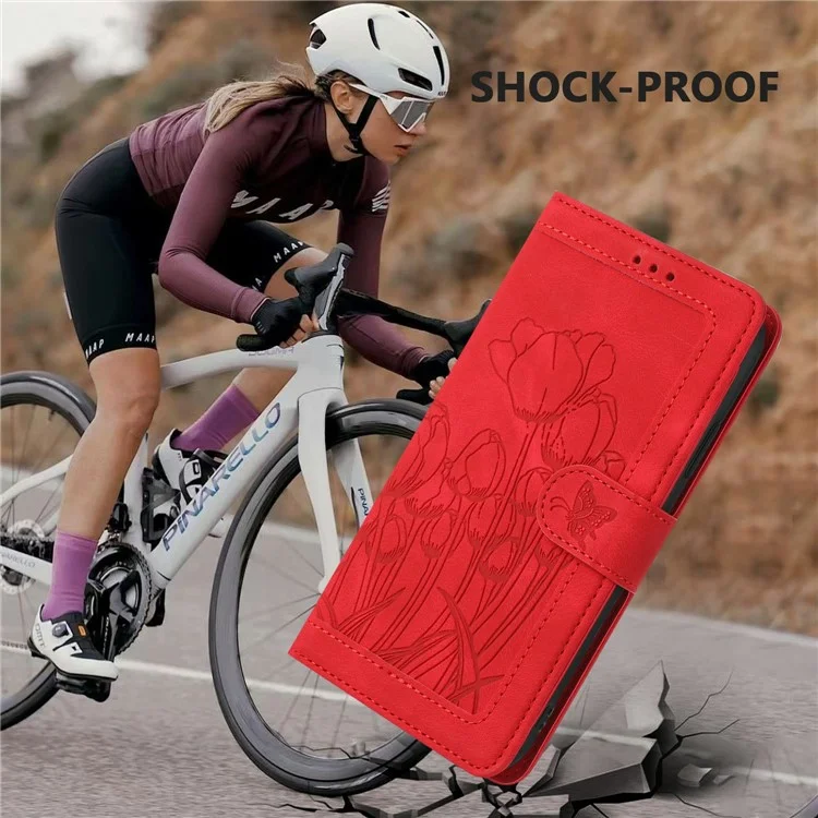 For Samsung Galaxy A25e Case Tulip Leather Phone Cover with 5 Card Slots Wallet - Red