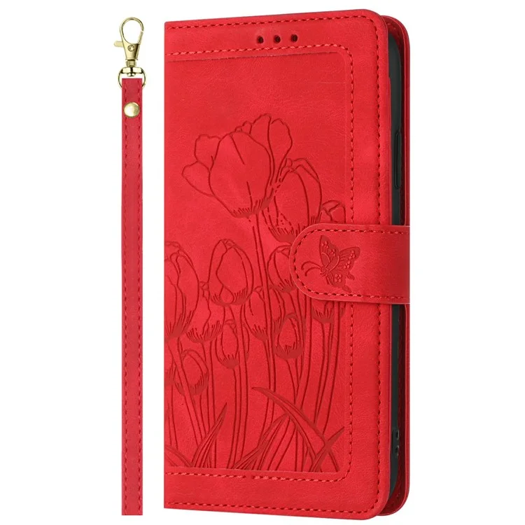 For Samsung Galaxy A25e Case Tulip Leather Phone Cover with 5 Card Slots Wallet - Red