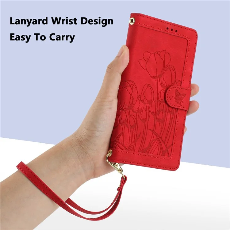 For Samsung Galaxy A25e Case Tulip Leather Phone Cover with 5 Card Slots Wallet - Red
